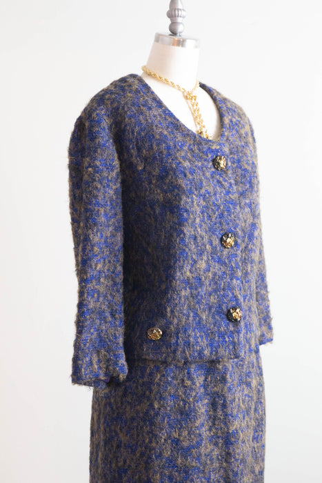 Timeless Chic 1960s Blue and Taupe Mohair Bouclé Chanel Inspired Two Piece Suit / M