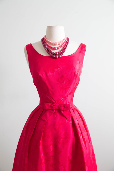 Iconic 1950s Shocking Pink Floral Brocade Cocktail Dress and Matching Coat Ensemble / S