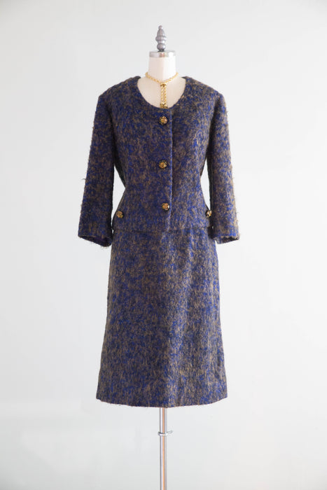 Timeless Chic 1960s Blue and Taupe Mohair Bouclé Chanel Inspired Two Piece Suit / M