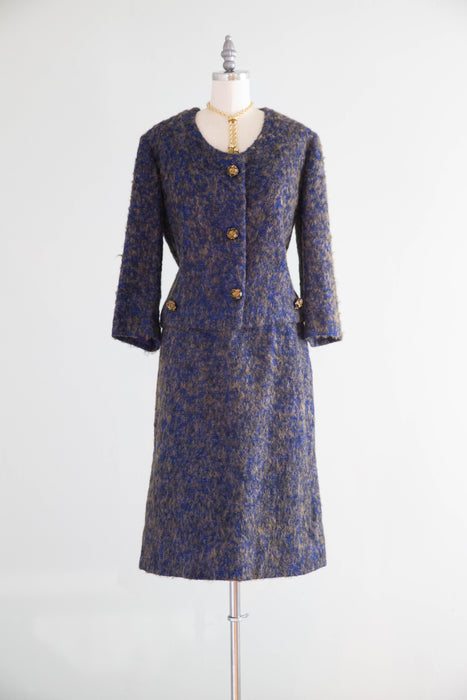 Timeless Chic 1960s Blue and Taupe Mohair Bouclé Chanel Inspired Two Piece Suit / M