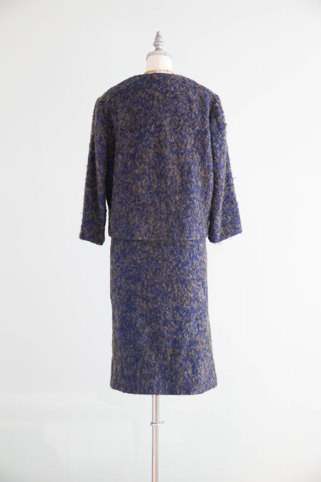 Timeless Chic 1960s Blue and Taupe Mohair Bouclé Chanel Inspired Two Piece Suit / M