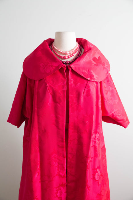 Iconic 1950s Shocking Pink Floral Brocade Cocktail Dress and Matching Coat Ensemble / S