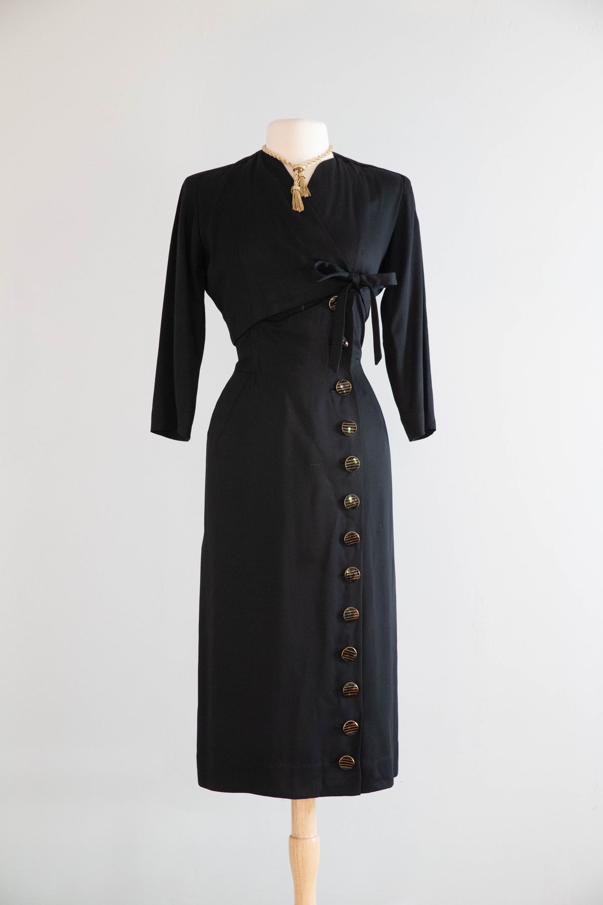 Amazing 1940's Black Wool Gabardine Femme Fatale Wrap Dress / ML