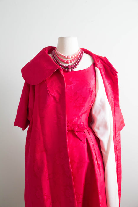 Iconic 1950s Shocking Pink Floral Brocade Cocktail Dress and Matching Coat Ensemble / S