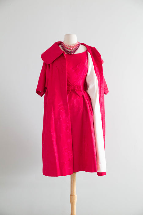 Iconic 1950s Shocking Pink Floral Brocade Cocktail Dress and Matching Coat Ensemble / S