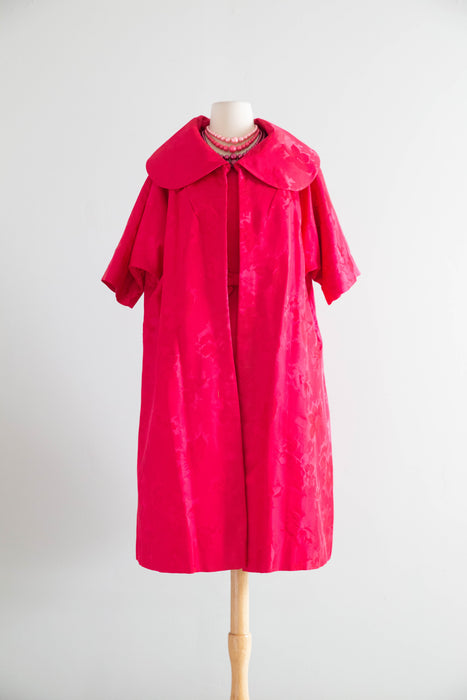 Iconic 1950s Shocking Pink Floral Brocade Cocktail Dress and Matching Coat Ensemble / S