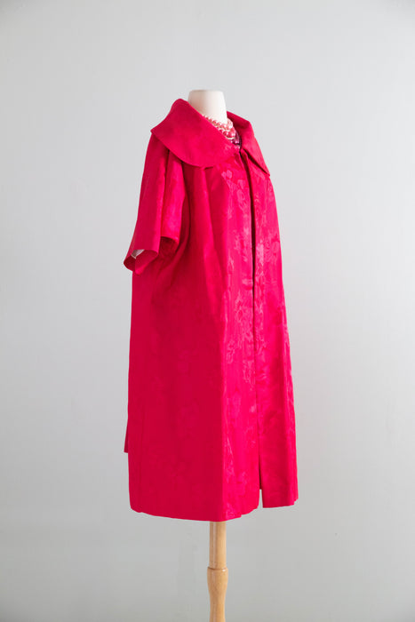 Iconic 1950s Shocking Pink Floral Brocade Cocktail Dress and Matching Coat Ensemble / S