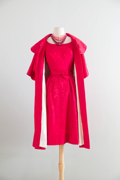 Iconic 1950s Shocking Pink Floral Brocade Cocktail Dress and Matching Coat Ensemble / S