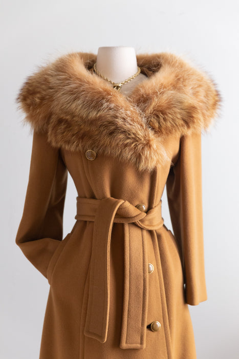 Fabulous Late 1960's early 1970's Caramel Wool & Fox Fur Princess Coat / SM