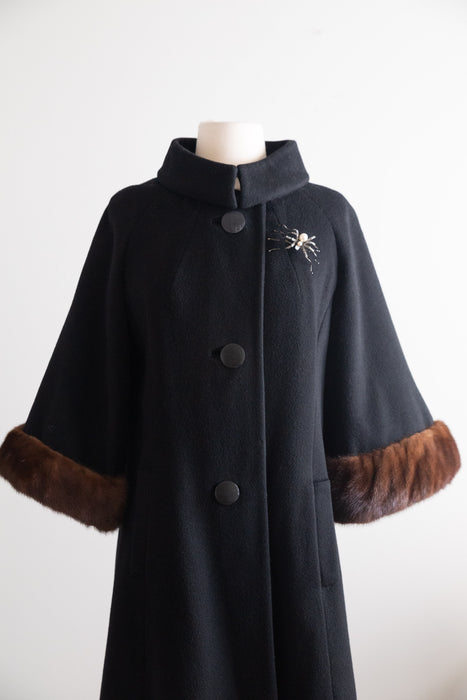 Fabulous Late 50s Lilli Ann Black Wool Coat With Mink Trimmed Cape Sleeves / M