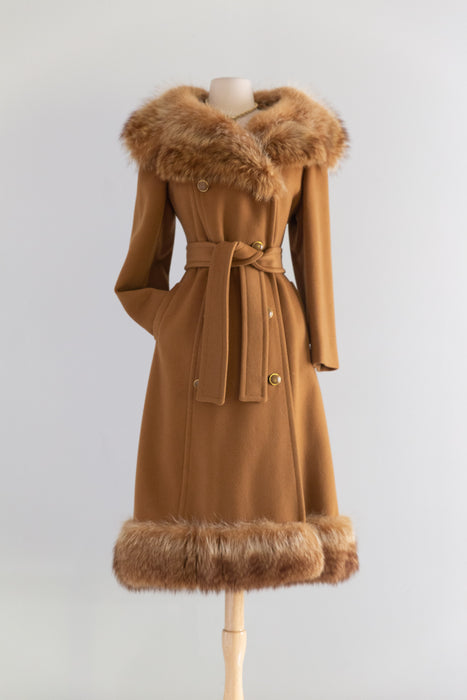 Fabulous Late 1960's early 1970's Caramel Wool & Fox Fur Princess Coat / SM