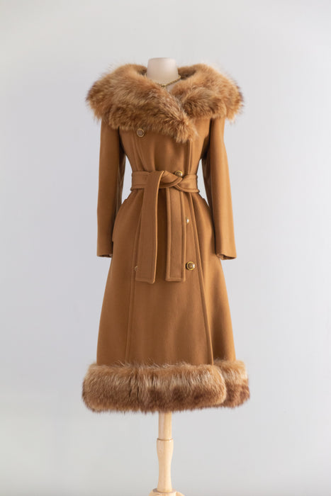 Fabulous Late 1960's early 1970's Caramel Wool & Fox Fur Princess Coat / SM
