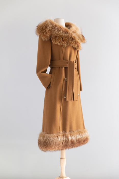 Fabulous Late 1960's early 1970's Caramel Wool & Fox Fur Princess Coat / SM