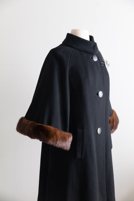 Fabulous Late 50s Lilli Ann Black Wool Coat With Mink Trimmed Cape Sleeves / M