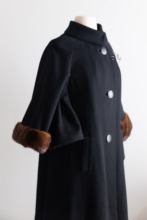 Fabulous Late 50s Lilli Ann Black Wool Coat With Mink Trimmed Cape Sleeves / M