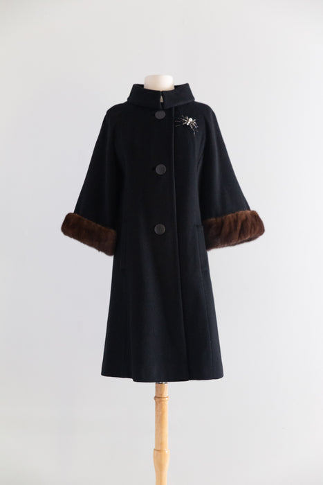 Fabulous Late 50s Lilli Ann Black Wool Coat With Mink Trimmed Cape Sleeves / M