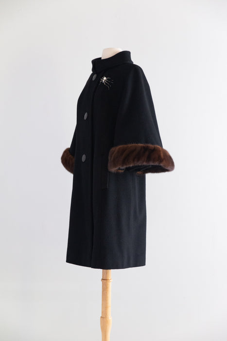 Fabulous Late 50s Lilli Ann Black Wool Coat With Mink Trimmed Cape Sleeves / M