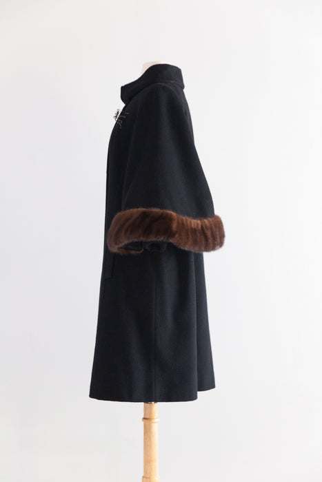 Fabulous Late 50s Lilli Ann Black Wool Coat With Mink Trimmed Cape Sleeves / M