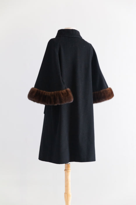 Fabulous Late 50s Lilli Ann Black Wool Coat With Mink Trimmed Cape Sleeves / M