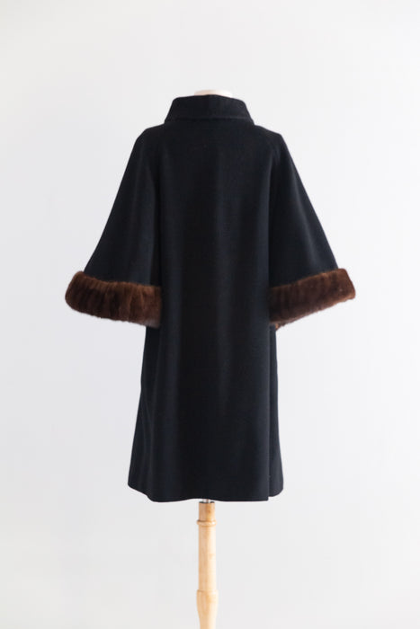 Fabulous Late 50s Lilli Ann Black Wool Coat With Mink Trimmed Cape Sleeves / M