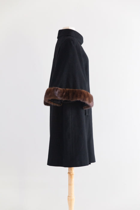 Fabulous Late 50s Lilli Ann Black Wool Coat With Mink Trimmed Cape Sleeves / M