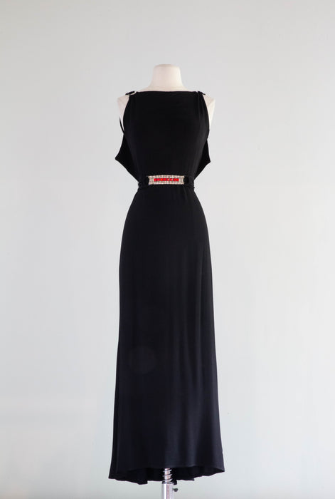 Devastating 1930's Black Silk Satin Crepe Evening Gown With Ruby Rhinestones / Small