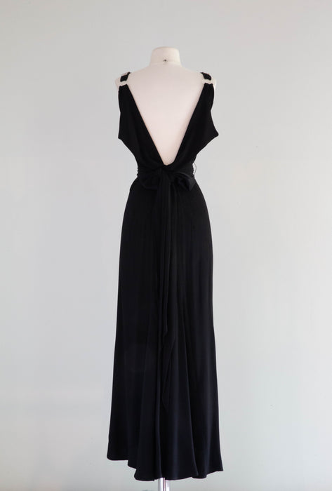 Devastating 1930's Black Silk Satin Crepe Evening Gown With Ruby Rhinestones / Small