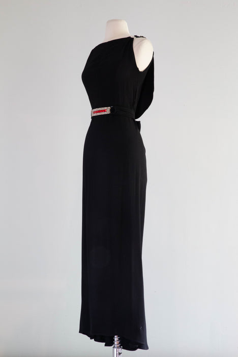 Devastating 1930's Black Silk Satin Crepe Evening Gown With Ruby Rhinestones / Small