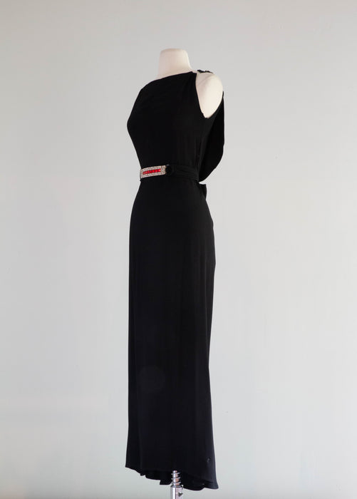 Devastating 1930's Black Silk Satin Crepe Evening Gown With Ruby Rhinestones / Small
