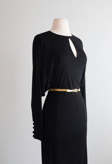 Glamorous 1970's Valentino Black Evening Gown With Open Back / SM