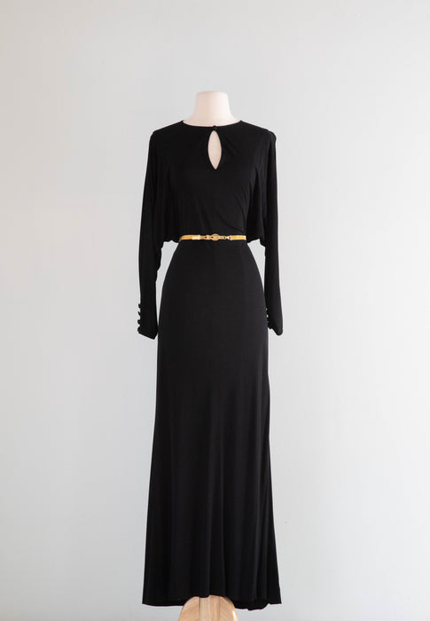 Glamorous 1970's Valentino Black Evening Gown With Open Back / SM