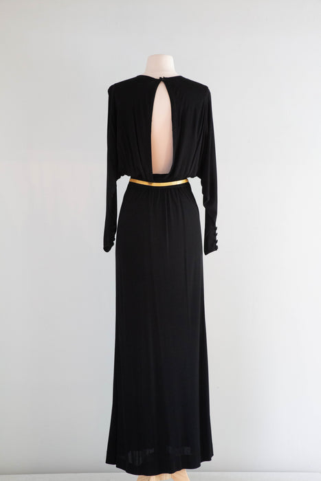 Glamorous 1970's Valentino Black Evening Gown With Open Back / SM