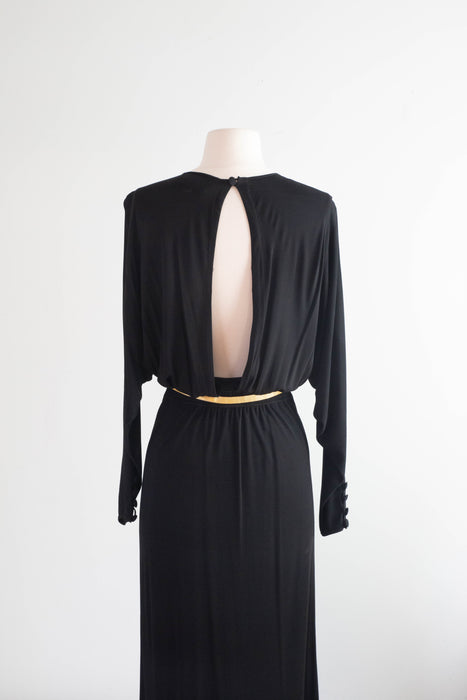 Glamorous 1970's Valentino Black Evening Gown With Open Back / SM