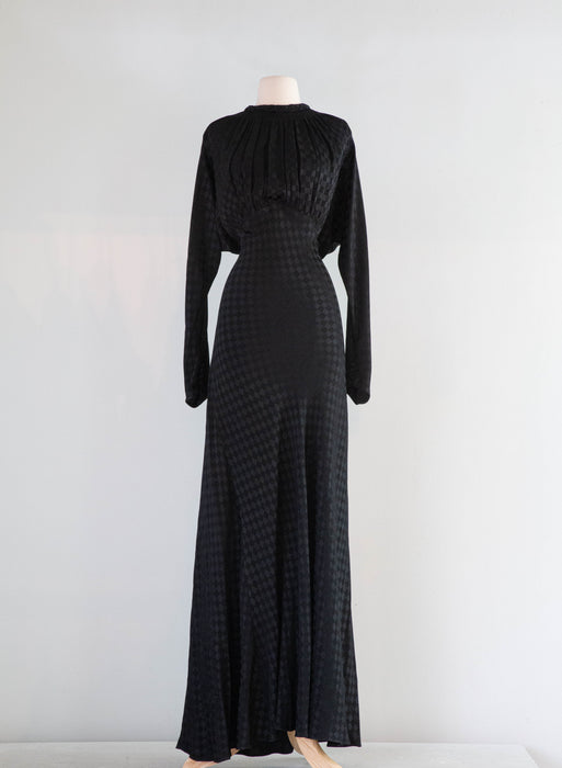 Dramatic 1930's OLD HOLLYWOOD Black Checkered Crepe Bias Cut Evening Gown / ML