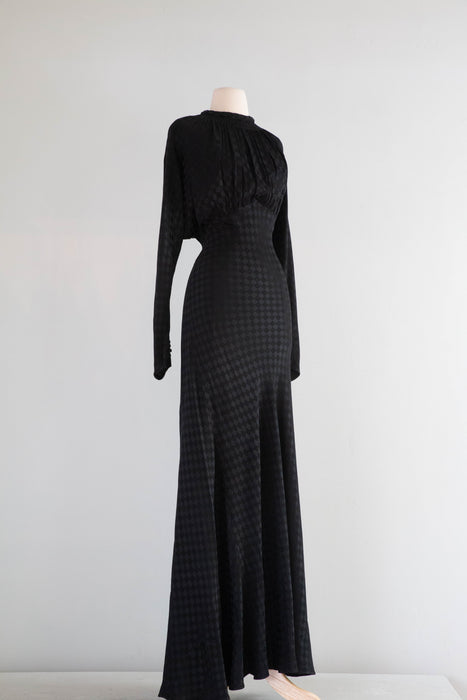 Dramatic 1930's OLD HOLLYWOOD Black Checkered Crepe Bias Cut Evening Gown / ML