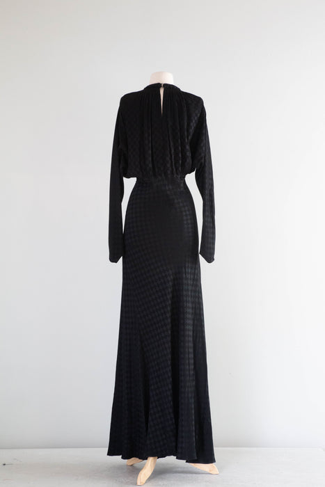 Dramatic 1930's OLD HOLLYWOOD Black Checkered Crepe Bias Cut Evening Gown / ML