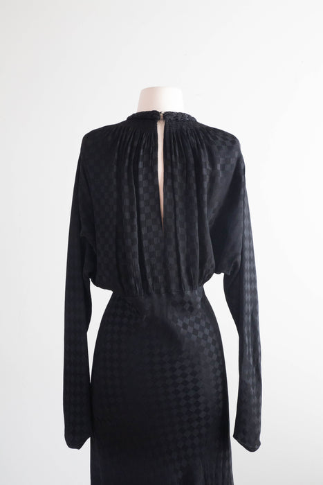 Dramatic 1930's OLD HOLLYWOOD Black Checkered Crepe Bias Cut Evening Gown / ML