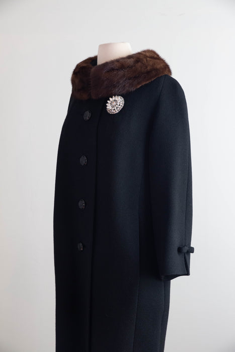Elegant Late 1950’s Rothmoor Wool Coat with Bows and Mink Collar With Brooch / M