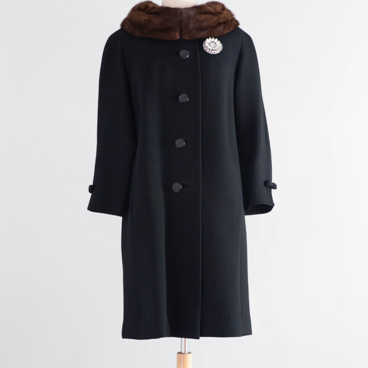 Elegant Late 1950's Rothmoor Wool Coat with Bows and Mink Collar