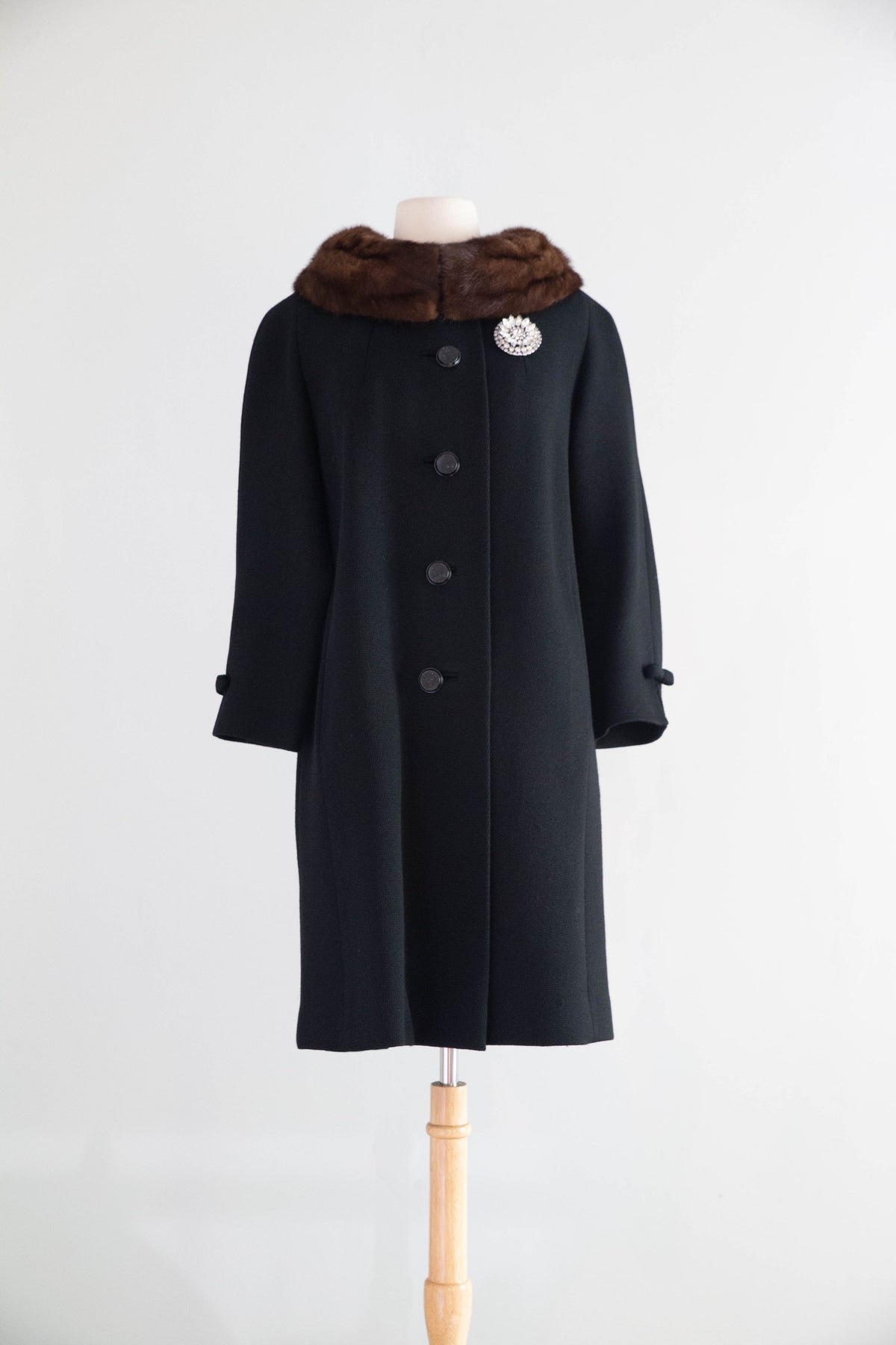 Elegant Late 1950's Rothmoor Wool Coat with Bows and Mink Collar
