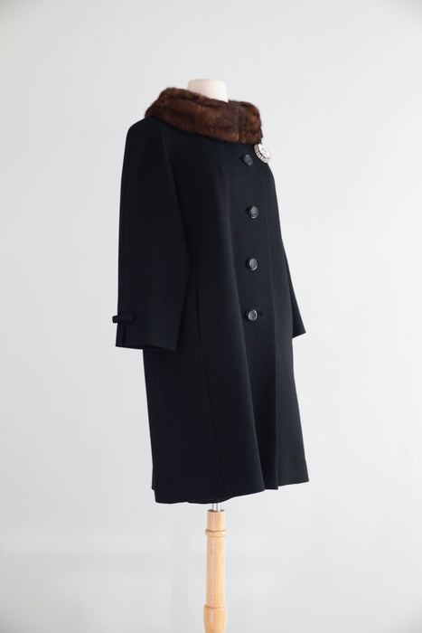 Elegant Late 1950’s Rothmoor Wool Coat with Bows and Mink Collar With Brooch / M