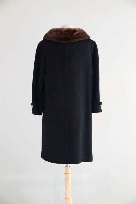 Elegant Late 1950’s Rothmoor Wool Coat with Bows and Mink Collar With Brooch / M