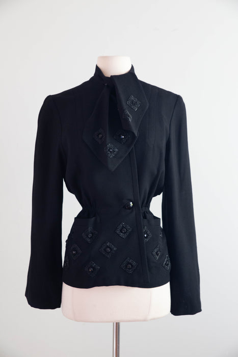 Elegant 1940s Tilly Heitner Original Black Wool Crêpe Jacket / M