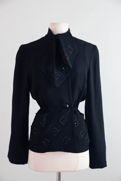 Elegant 1940s Tilly Heitner Original Black Wool Crêpe Jacket / M