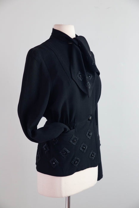 Elegant 1940s Tilly Heitner Original Black Wool Crêpe Jacket / M