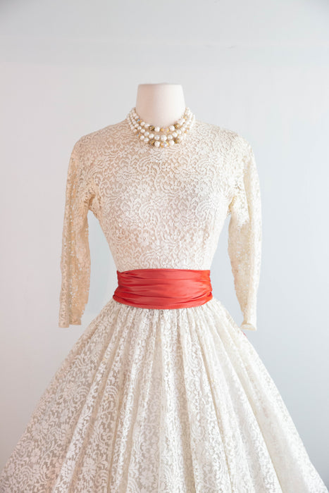 Stunning 1950's Ivory Lace Party Dress With Scarlet Sash & Sequins / Small