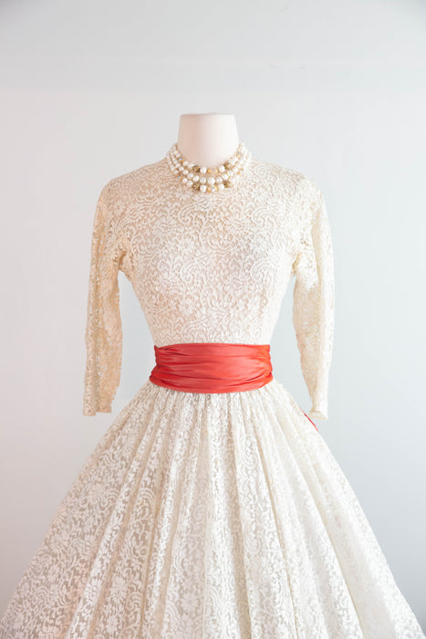Stunning 1950's Ivory Lace Party Dress With Scarlet Sash & Sequins / Small