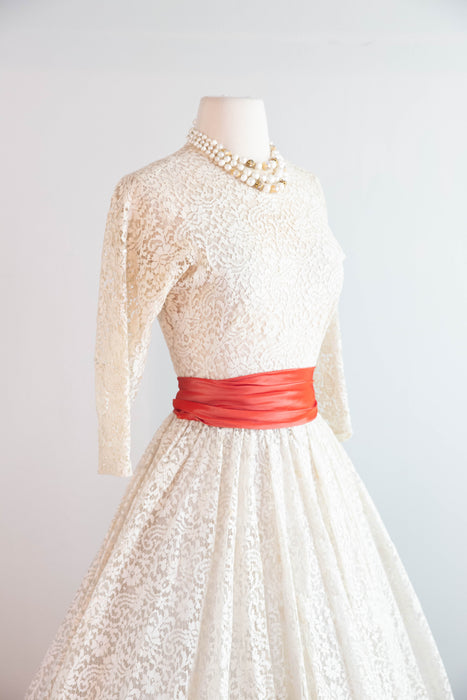 Stunning 1950's Ivory Lace Party Dress With Scarlet Sash & Sequins / Small