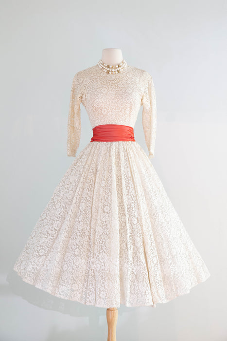Stunning 1950's Ivory Lace Party Dress With Scarlet Sash & Sequins / Small