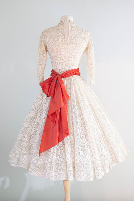 Stunning 1950's Ivory Lace Party Dress With Scarlet Sash & Sequins / Small